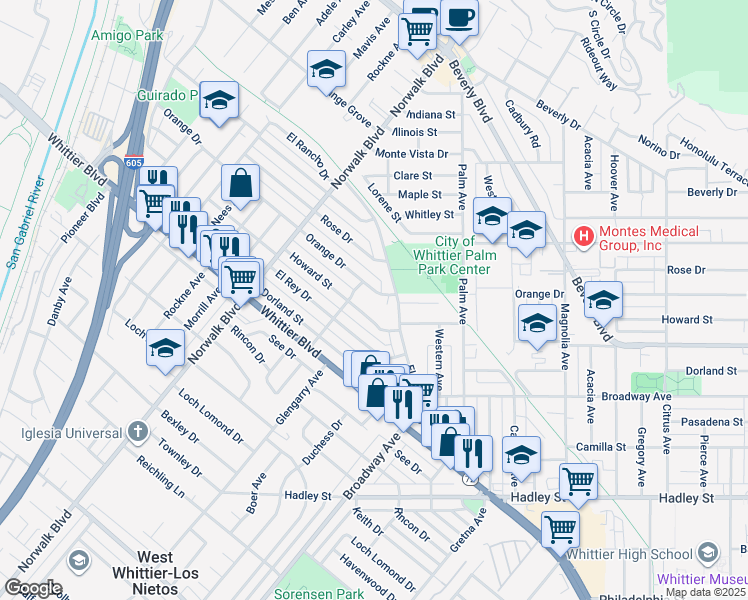map of restaurants, bars, coffee shops, grocery stores, and more near 11122 Orange Drive in Whittier