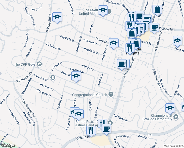 map of restaurants, bars, coffee shops, grocery stores, and more near 15605 Facilidad Street in Hacienda Heights