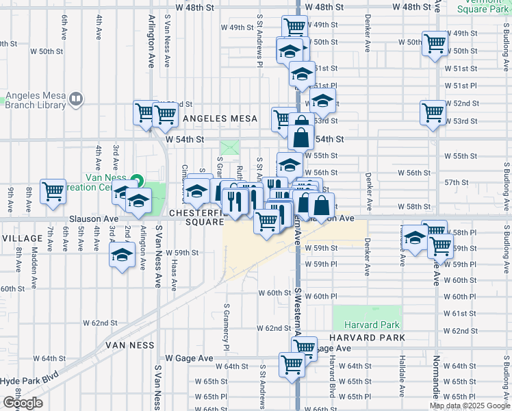 map of restaurants, bars, coffee shops, grocery stores, and more near 5730 South Saint Andrews Place in Los Angeles