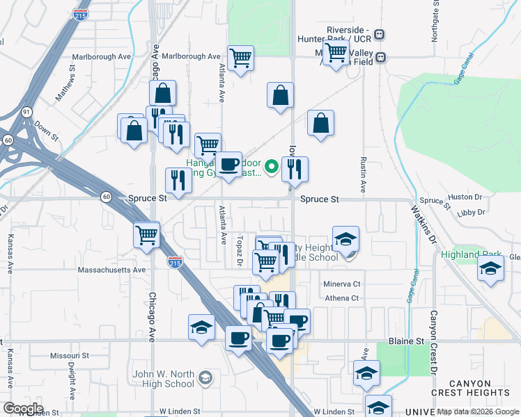 map of restaurants, bars, coffee shops, grocery stores, and more near 1419 Clemson Way in Riverside