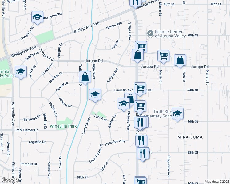 map of restaurants, bars, coffee shops, grocery stores, and more near 5344 Lucretia Avenue in Jurupa Valley