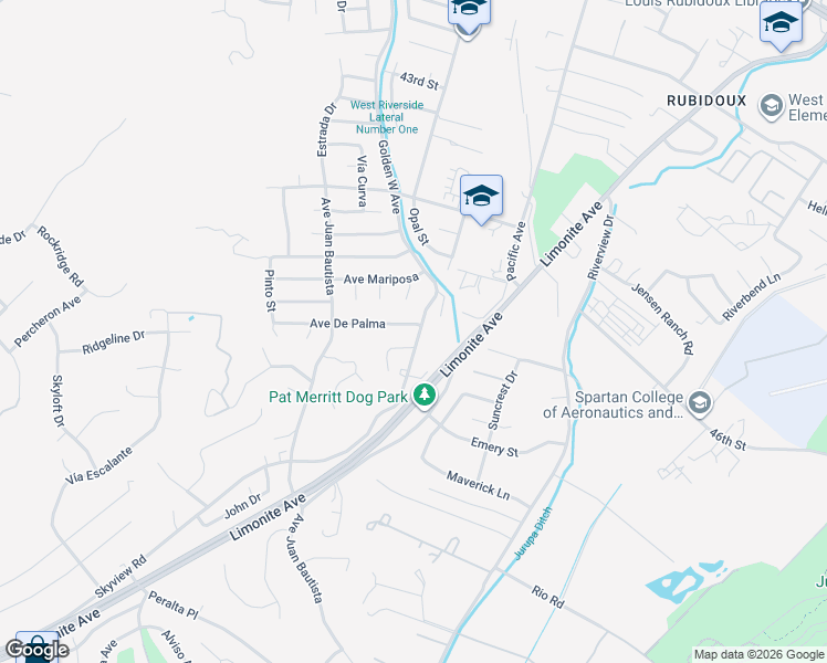 map of restaurants, bars, coffee shops, grocery stores, and more near 5425 Golden West Avenue in Riverside