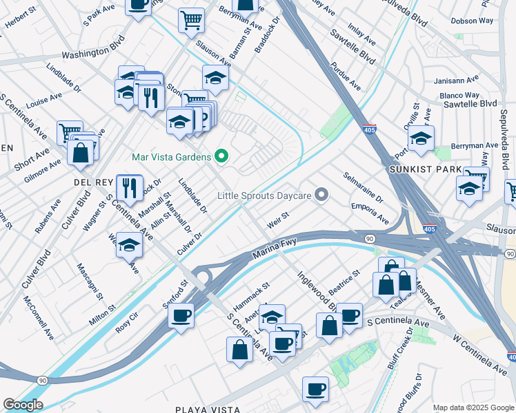 map of restaurants, bars, coffee shops, grocery stores, and more near 11940 Culver Drive in Culver City