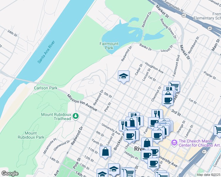 map of restaurants, bars, coffee shops, grocery stores, and more near 4450 4th Street in Riverside