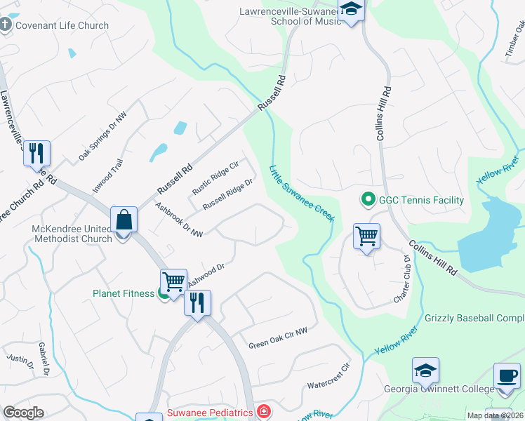 map of restaurants, bars, coffee shops, grocery stores, and more near 1320 Ashbrook Drive Northwest in Lawrenceville