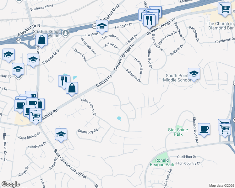 map of restaurants, bars, coffee shops, grocery stores, and more near 1554 Leanne Terrace in Walnut