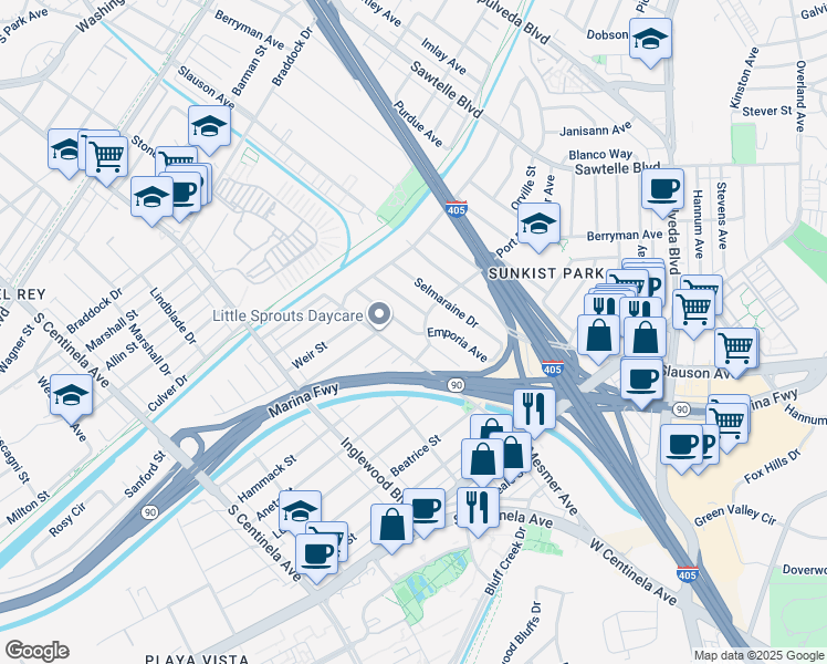 map of restaurants, bars, coffee shops, grocery stores, and more near Etheldo Avenue in Culver City