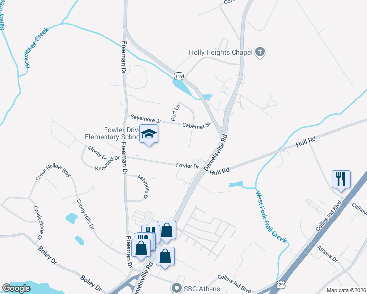map of restaurants, bars, coffee shops, grocery stores, and more near 124 Burgundy Court in Athens