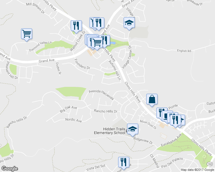 map of restaurants, bars, coffee shops, grocery stores, and more near 2121 Sun Ridge Drive in Chino Hills