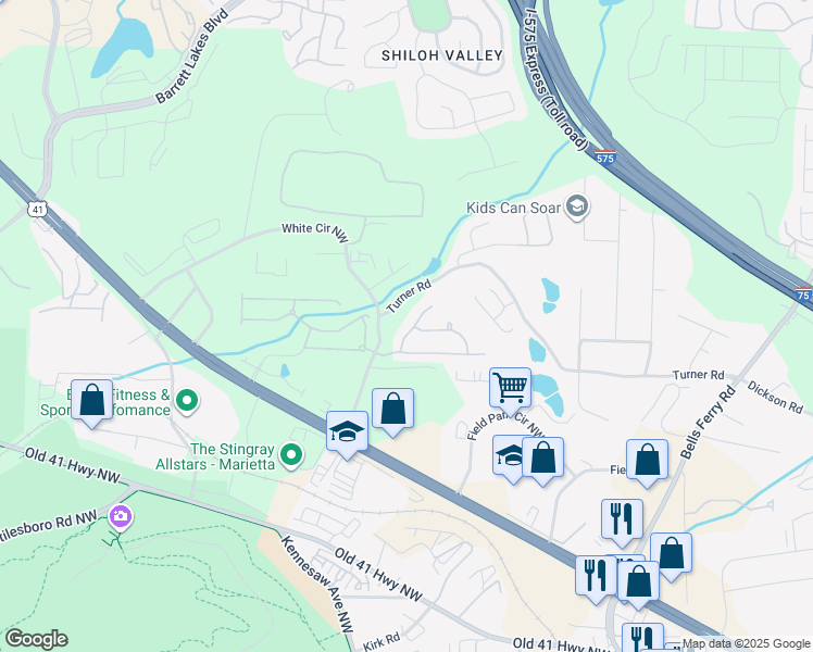 map of restaurants, bars, coffee shops, grocery stores, and more near 1521 Briarfield Way in Marietta