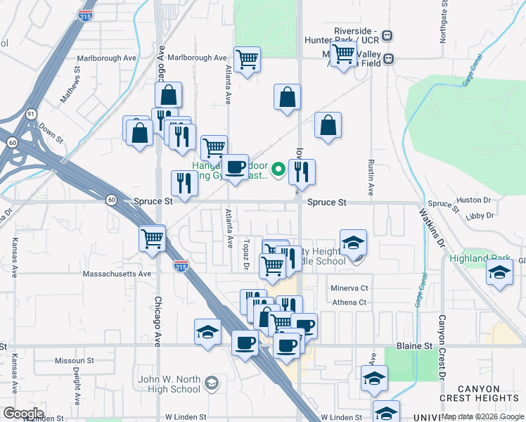 map of restaurants, bars, coffee shops, grocery stores, and more near 1419 Clemson Way in Riverside