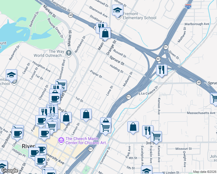 map of restaurants, bars, coffee shops, grocery stores, and more near 2749 Lime Street in Riverside