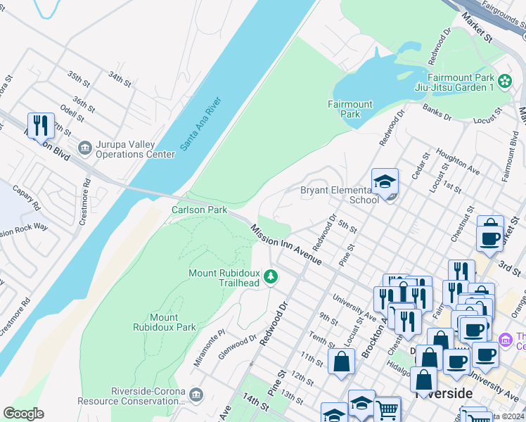 map of restaurants, bars, coffee shops, grocery stores, and more near 4764 Indian Hill Road in Riverside