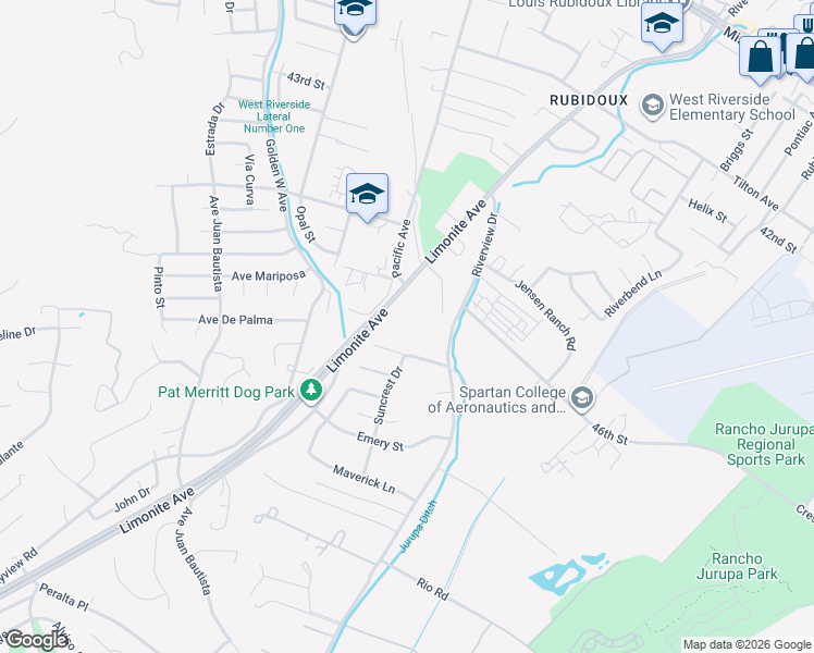map of restaurants, bars, coffee shops, grocery stores, and more near 4623 Plaza Lane in Riverside