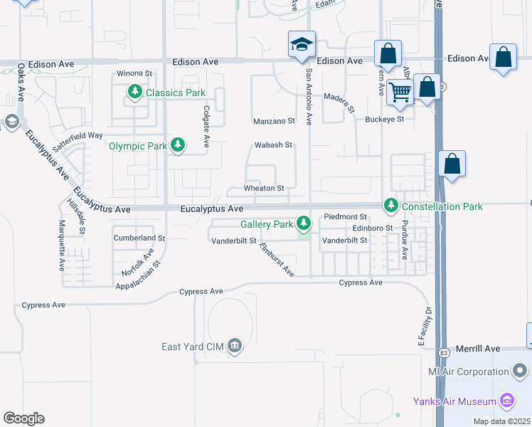 map of restaurants, bars, coffee shops, grocery stores, and more near 6599 Eucalyptus Avenue in Chino
