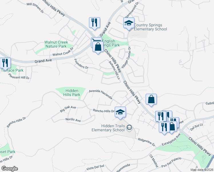 map of restaurants, bars, coffee shops, grocery stores, and more near 2113 Sun Ridge Drive in Chino Hills
