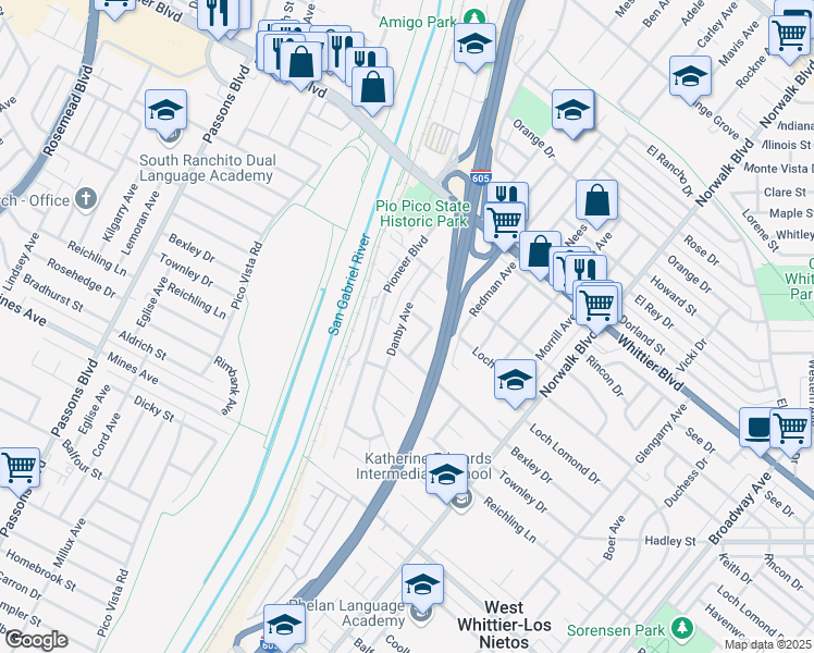 map of restaurants, bars, coffee shops, grocery stores, and more near 6418 Danby Avenue in Whittier
