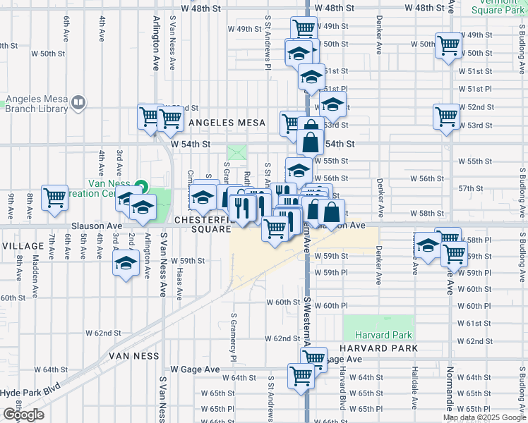 map of restaurants, bars, coffee shops, grocery stores, and more near 5730 South Saint Andrews Place in Los Angeles
