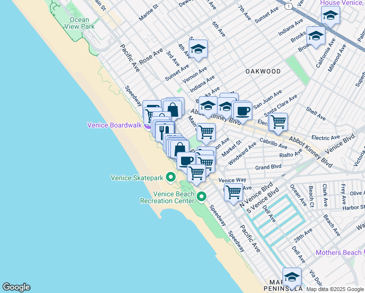 map of restaurants, bars, coffee shops, grocery stores, and more near 41 Wavecrest Court in Los Angeles