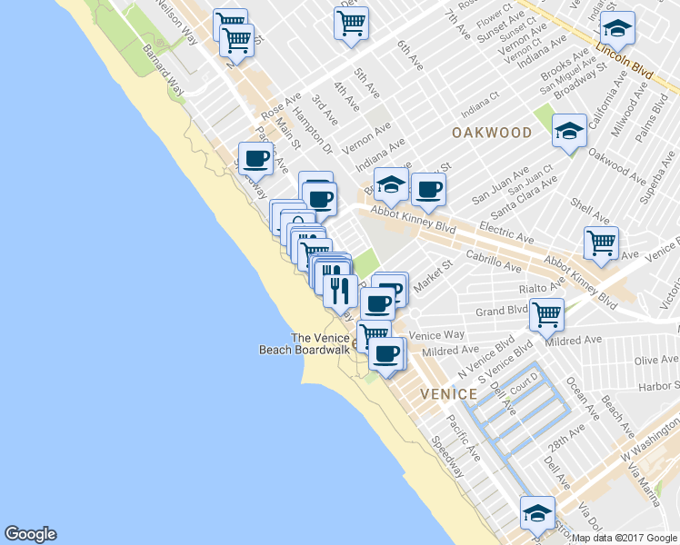 map of restaurants, bars, coffee shops, grocery stores, and more near 41 Wavecrest Court in Los Angeles