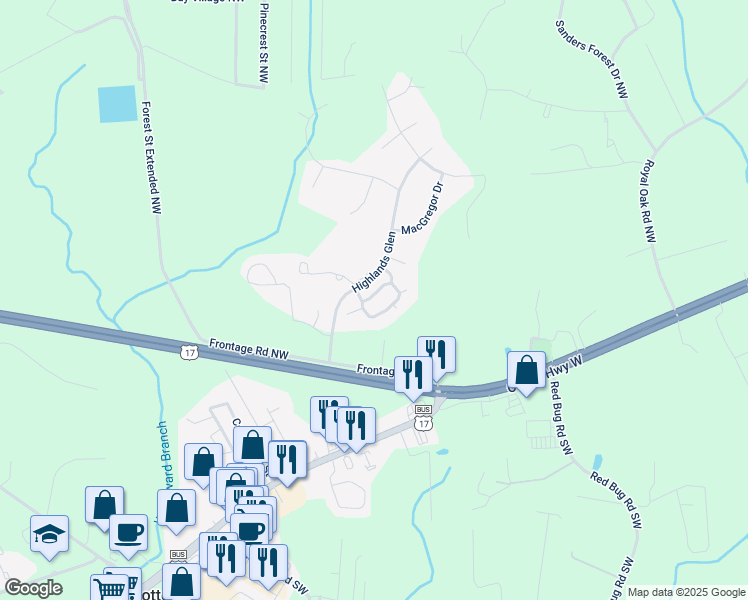 map of restaurants, bars, coffee shops, grocery stores, and more near 21 Paisley Drive Southwest in Shallotte
