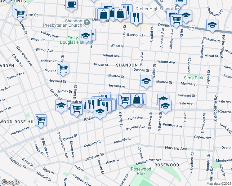 map of restaurants, bars, coffee shops, grocery stores, and more near 2825 Burney Drive in Columbia