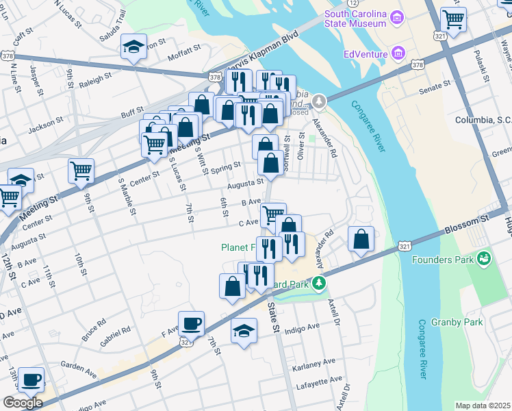 map of restaurants, bars, coffee shops, grocery stores, and more near 403 B Avenue in West Columbia