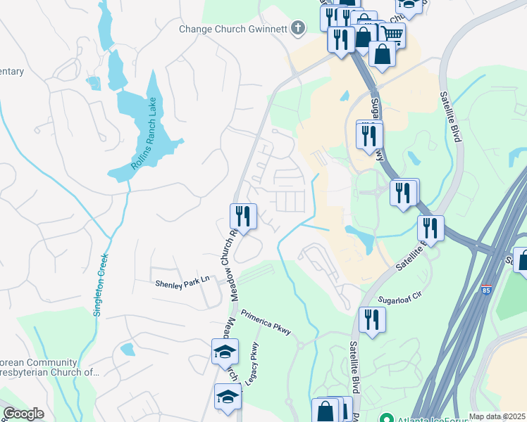 map of restaurants, bars, coffee shops, grocery stores, and more near 2694 Ridge Run Tr in Duluth