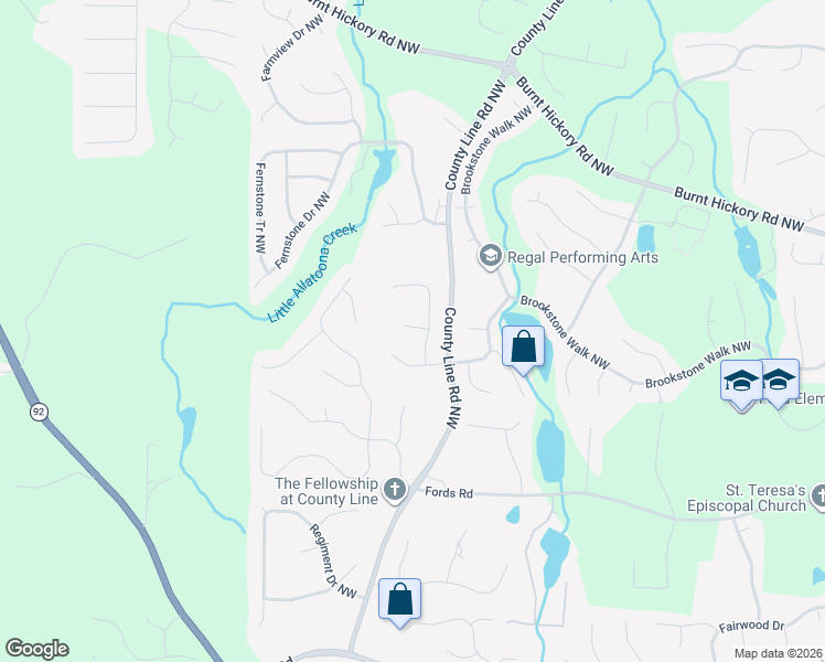 map of restaurants, bars, coffee shops, grocery stores, and more near 1475 County Line Road Northwest in Acworth