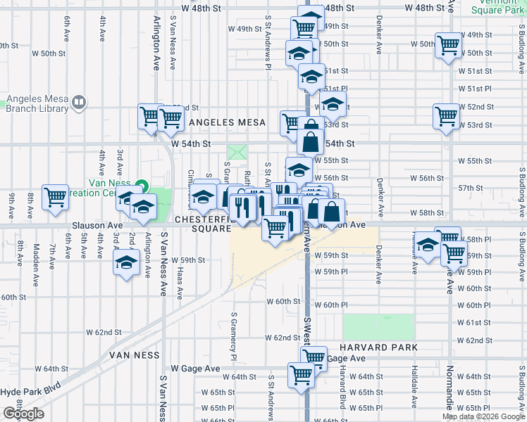 map of restaurants, bars, coffee shops, grocery stores, and more near 5730 South Saint Andrews Place in Los Angeles