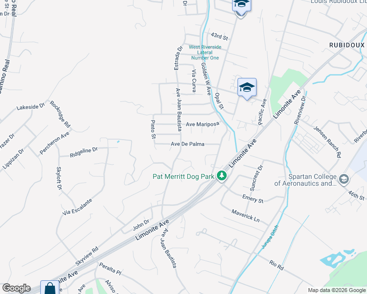 map of restaurants, bars, coffee shops, grocery stores, and more near 5430 Avenue Juan Bautista in Riverside
