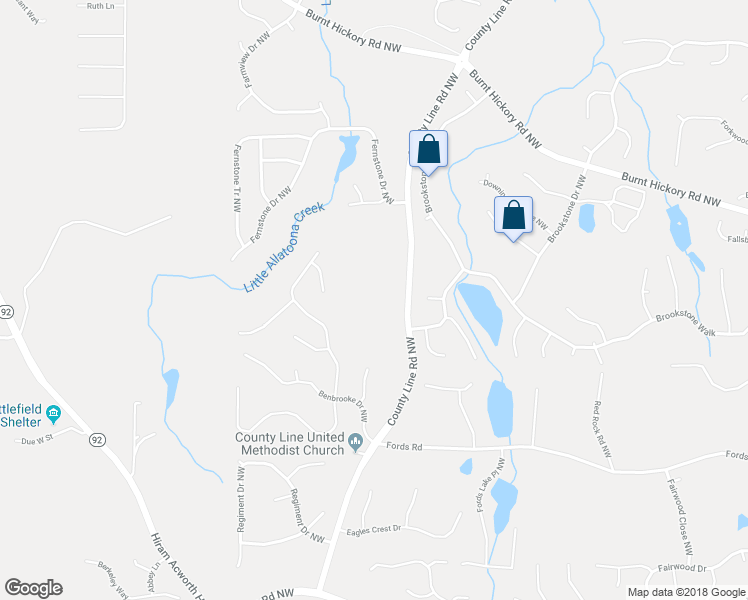 map of restaurants, bars, coffee shops, grocery stores, and more near 1475 County Line Road Northwest in Acworth