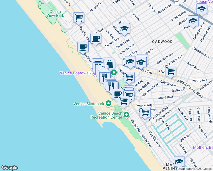 map of restaurants, bars, coffee shops, grocery stores, and more near 1007 Ocean Front Walk in Los Angeles