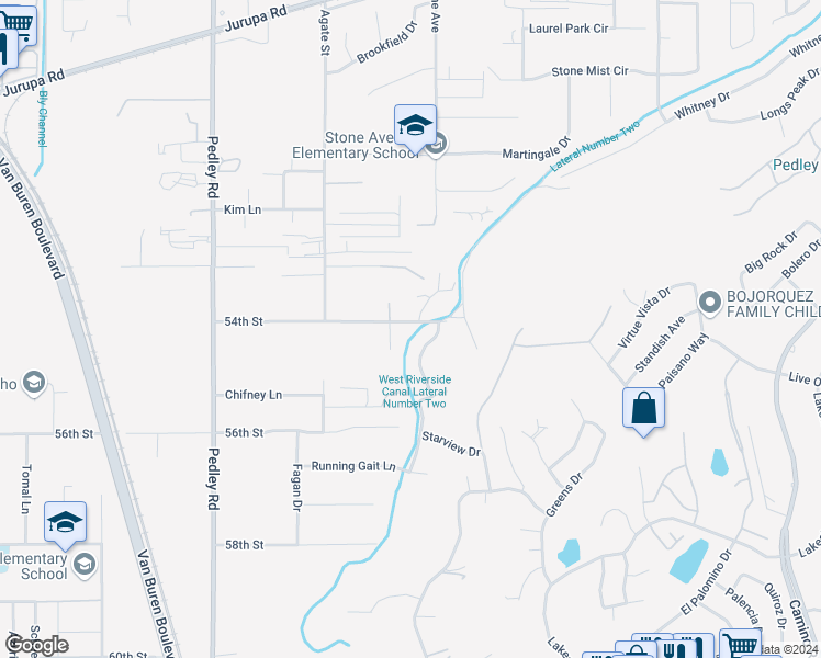 map of restaurants, bars, coffee shops, grocery stores, and more near 54th Street in Riverside