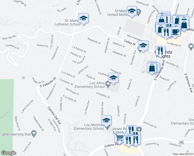map of restaurants, bars, coffee shops, grocery stores, and more near 15511 Rojas Street in Hacienda Heights