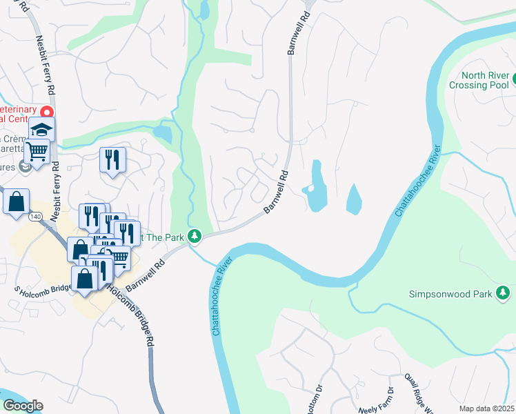 map of restaurants, bars, coffee shops, grocery stores, and more near 225 Brassy Court in Alpharetta