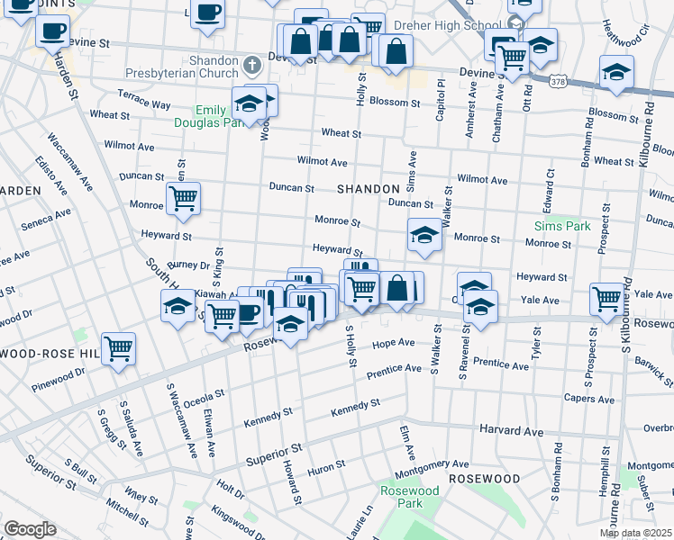 map of restaurants, bars, coffee shops, grocery stores, and more near 2825 Burney Drive in Columbia