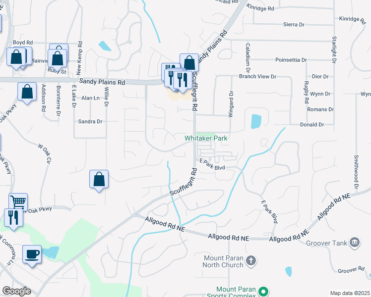 map of restaurants, bars, coffee shops, grocery stores, and more near 1596 Galewood Circle Northeast in Marietta