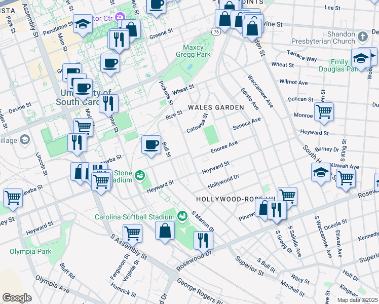 map of restaurants, bars, coffee shops, grocery stores, and more near Pickens Street & Whaley Street in Columbia