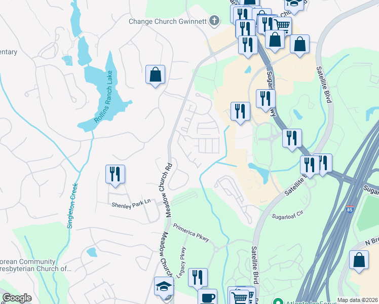 map of restaurants, bars, coffee shops, grocery stores, and more near 2694 Ridge Run Tr in Duluth