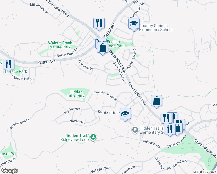 map of restaurants, bars, coffee shops, grocery stores, and more near 2115 Sun Ridge Drive in Chino Hills