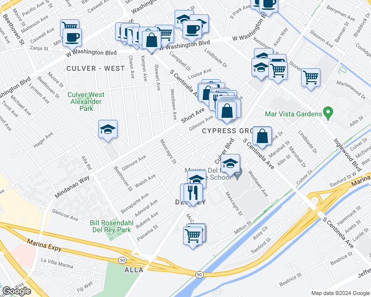 map of restaurants, bars, coffee shops, grocery stores, and more near 12516 Greene Avenue in Los Angeles