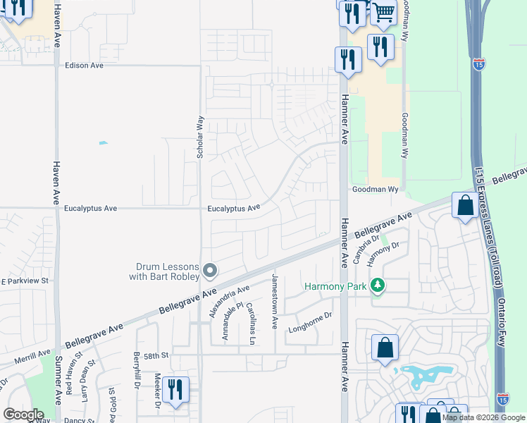 map of restaurants, bars, coffee shops, grocery stores, and more near 4071 East Amigos Privado in Ontario