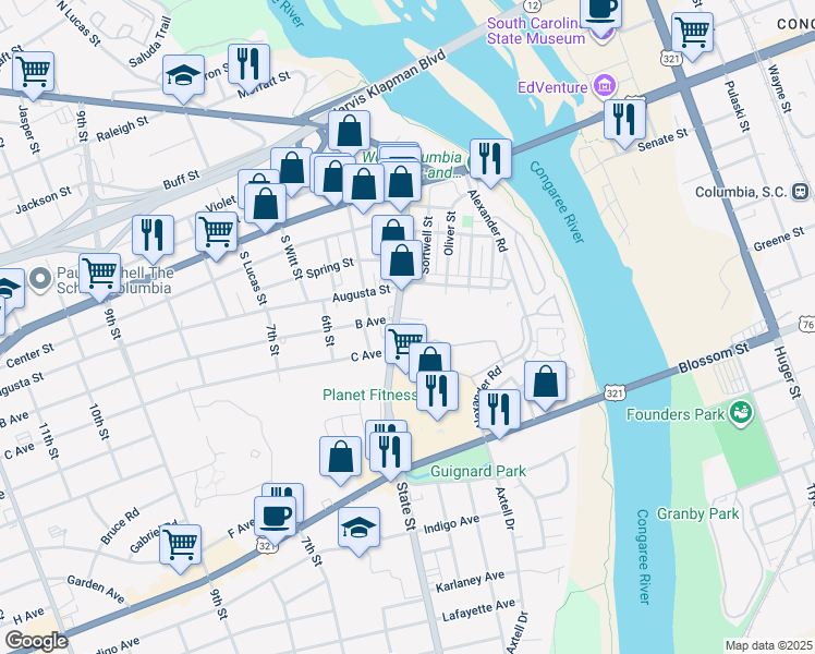 map of restaurants, bars, coffee shops, grocery stores, and more near 501 State Street in West Columbia