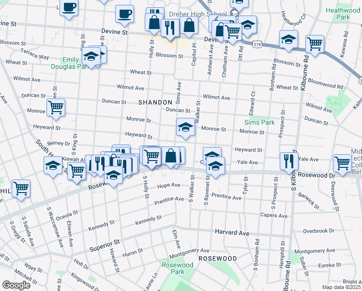 map of restaurants, bars, coffee shops, grocery stores, and more near 3112 Heyward Street in Columbia