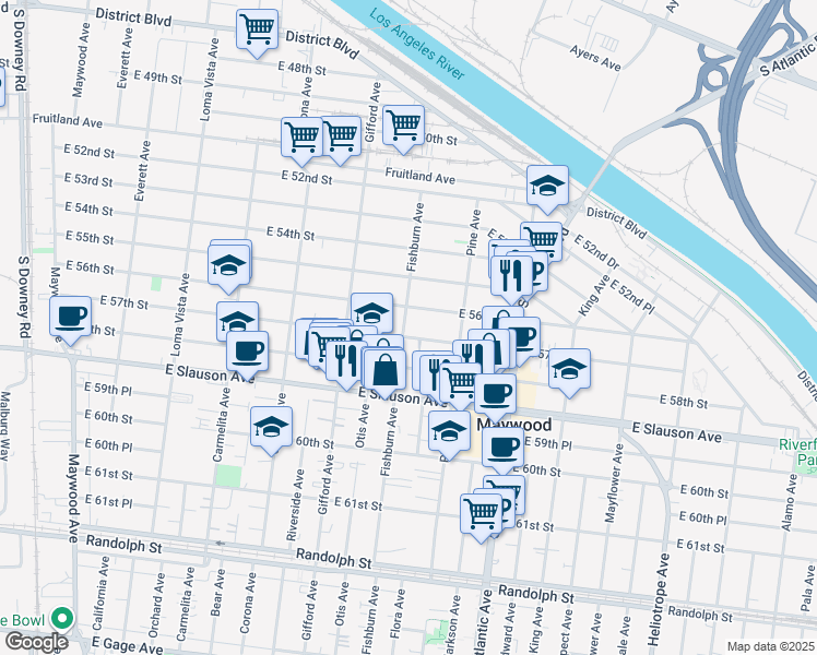 map of restaurants, bars, coffee shops, grocery stores, and more near 5616 Fishburn Avenue in Maywood