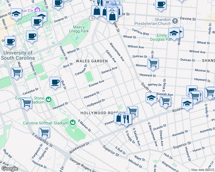 map of restaurants, bars, coffee shops, grocery stores, and more near 1809 Heyward St in Columbia