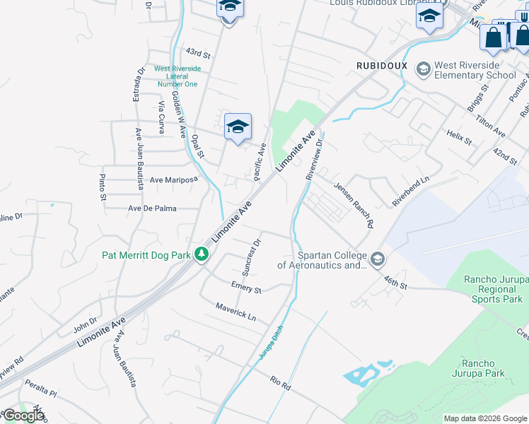map of restaurants, bars, coffee shops, grocery stores, and more near 4623 Plaza Lane in Riverside