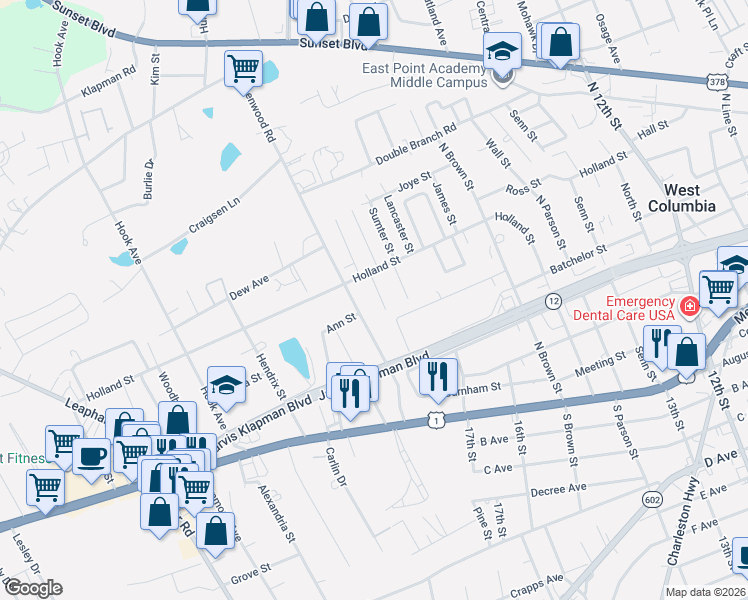 map of restaurants, bars, coffee shops, grocery stores, and more near 204 Branham Street in West Columbia