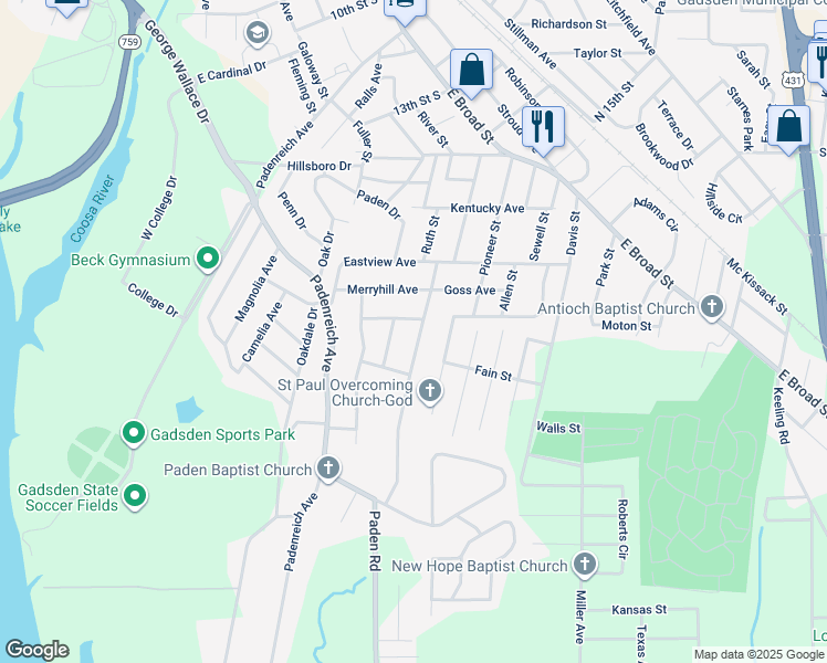 map of restaurants, bars, coffee shops, grocery stores, and more near 407 Greenwood Avenue in Gadsden